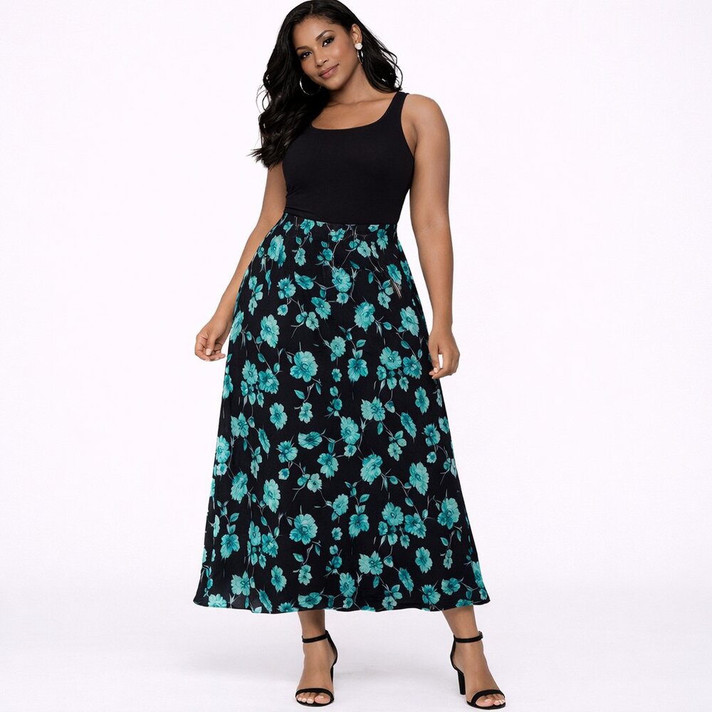 Double-sided floral blue and black pleated skirt Size : 3x